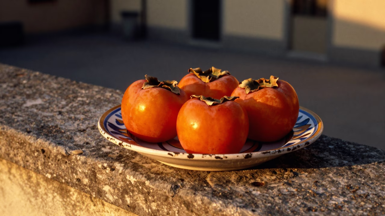 Fresh Persimmons in Milan at Sunset Light in in Milan, Italy