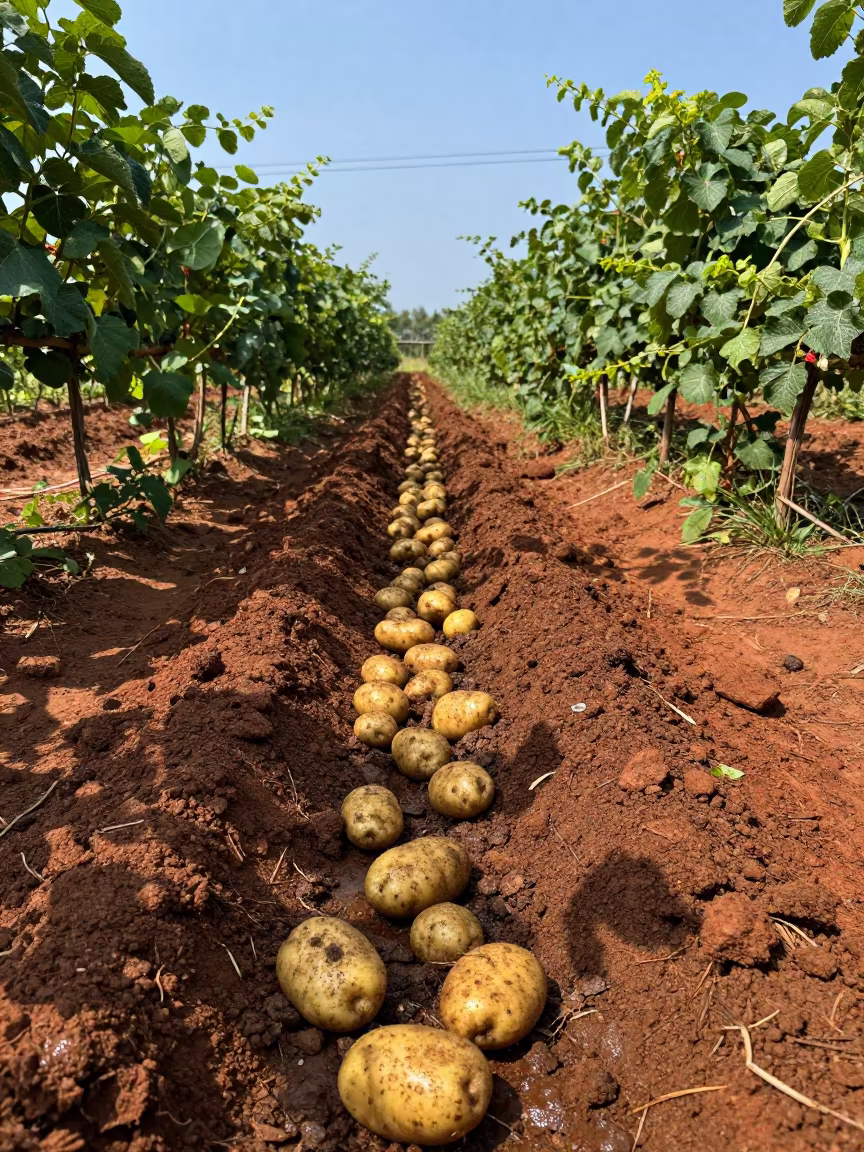 Fresh Potato Furrow Between Vineyard Trellises in between vineyard trellises in Haikou