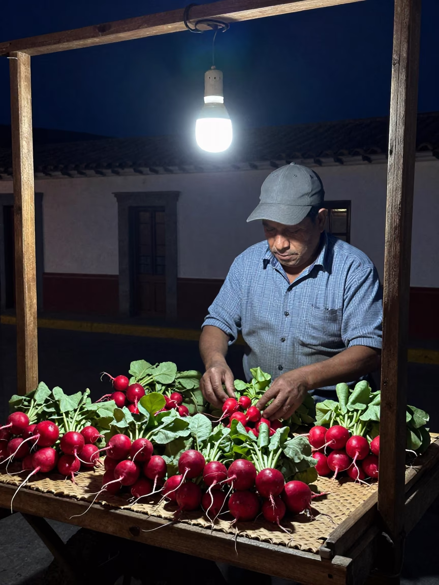 Fresh Radishes at The Deepest Night Sky Light in Quito in in Quito, Ecuador