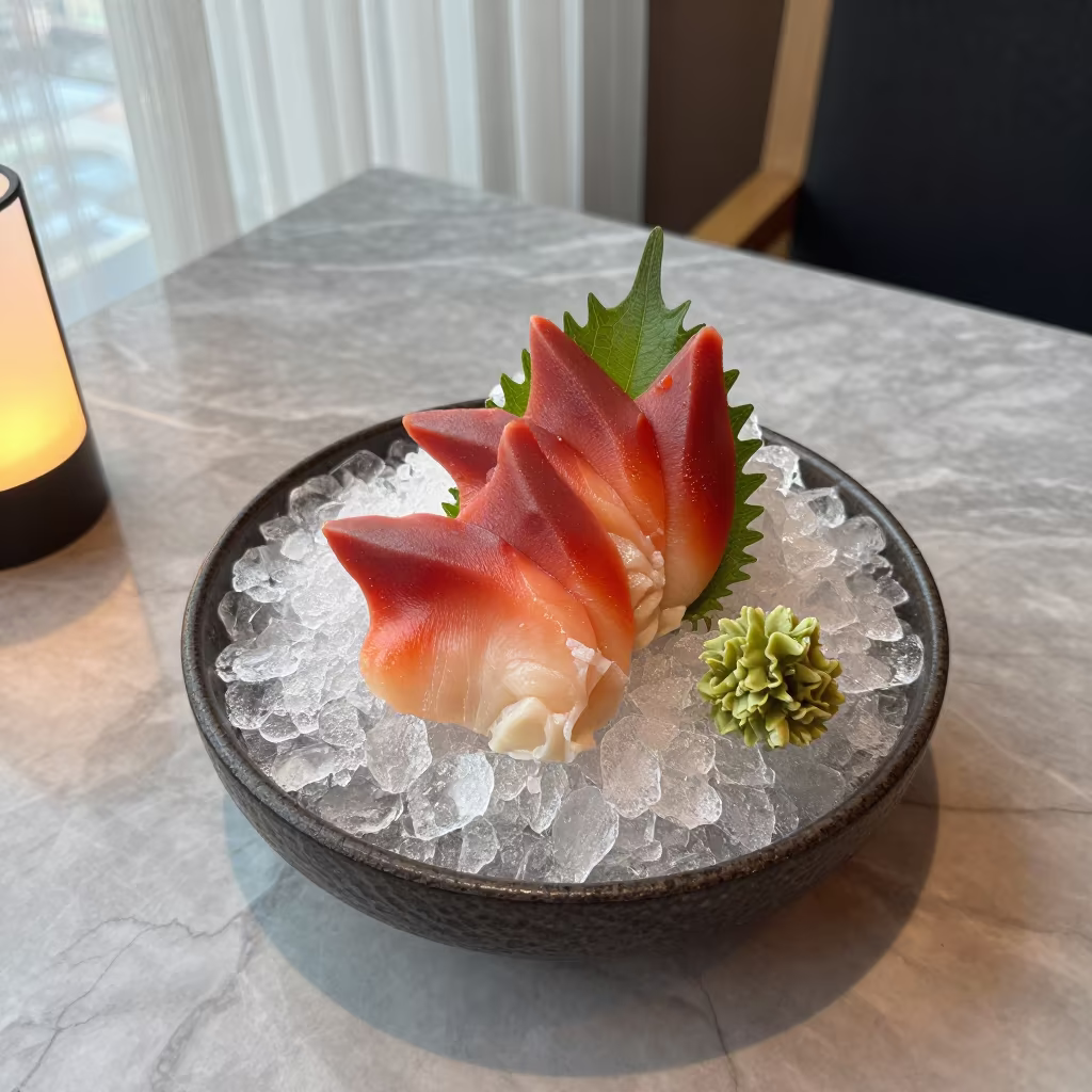 Fresh Sashimi on Ice Arctic Summer Cafe in on a marble cafe table in Toolo, Helsinki