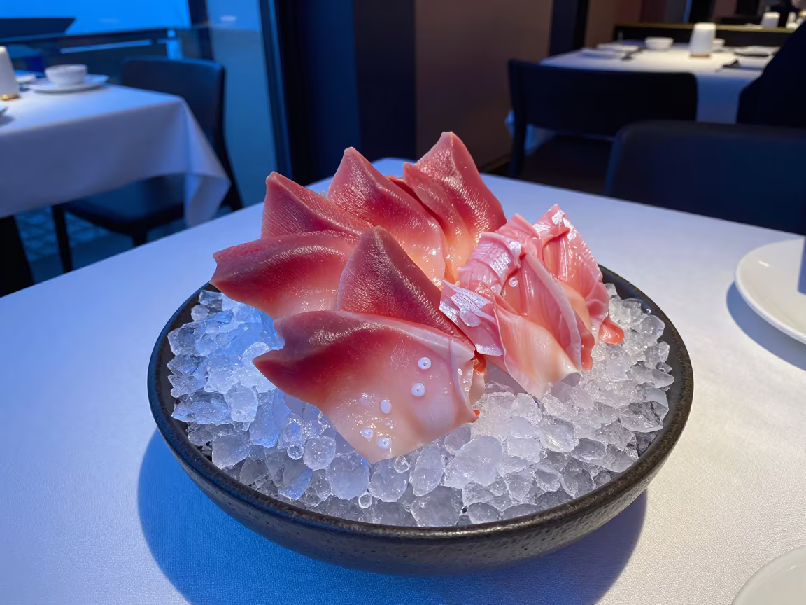 Fresh Sashimi on Ice in Stockholm Neon Light in on a linen-covered restaurant table in Gamla Stan, Stockholm