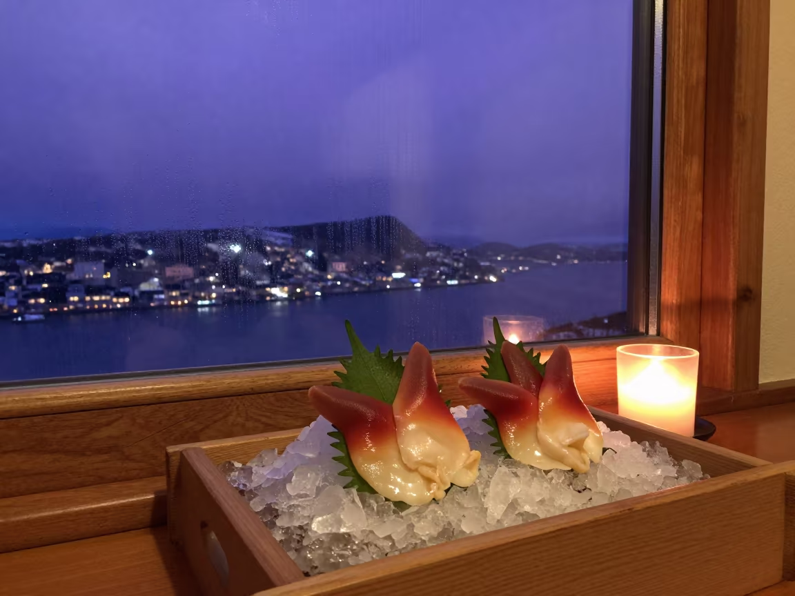 Fresh Sashimi on Ice in Twilight Tea House in on a tea house tray in Tromsø