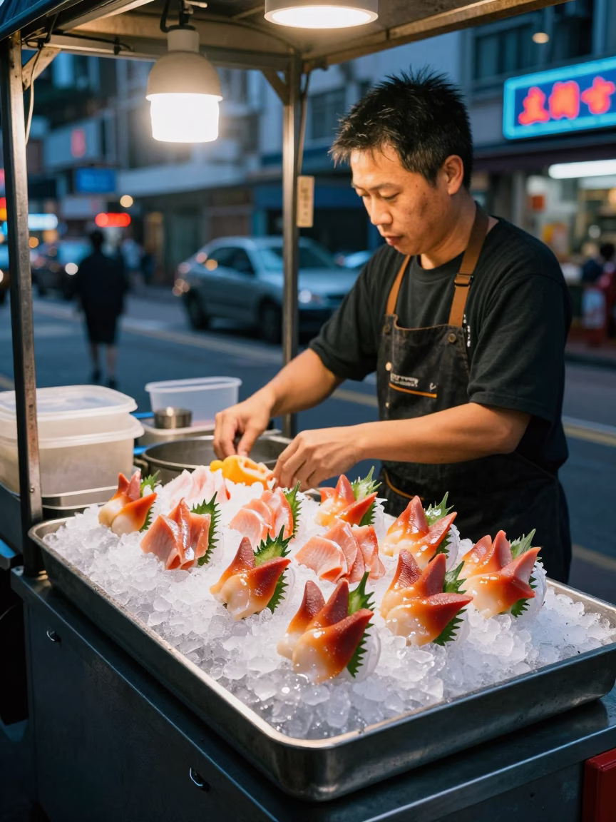 Fresh Sashimi in Hong Kong at Twilight in in Hong Kong, Hong Kong