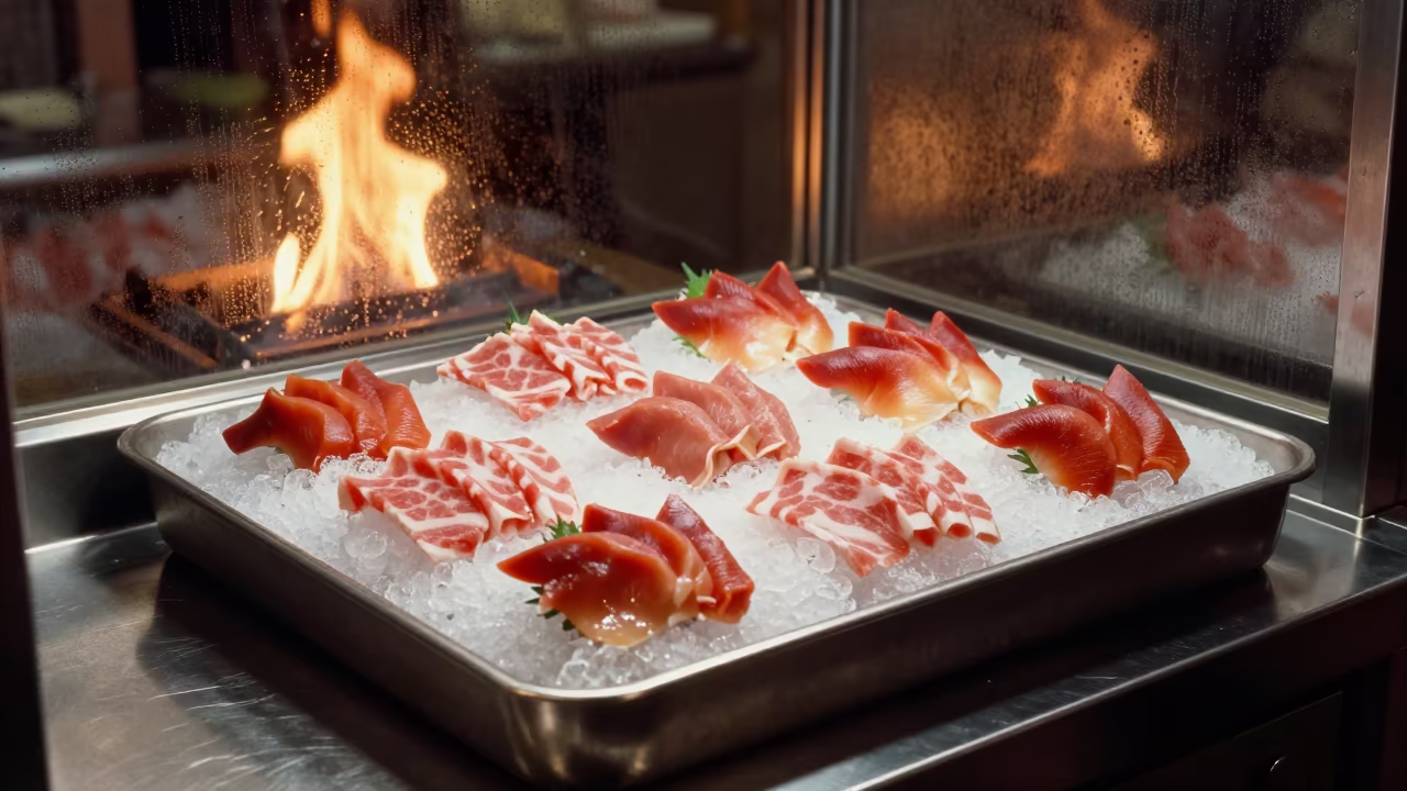 Fresh Sashimi on Shaved Ice in Helsinki Kitchen in on a kitchen worktop in Kallio, Helsinki