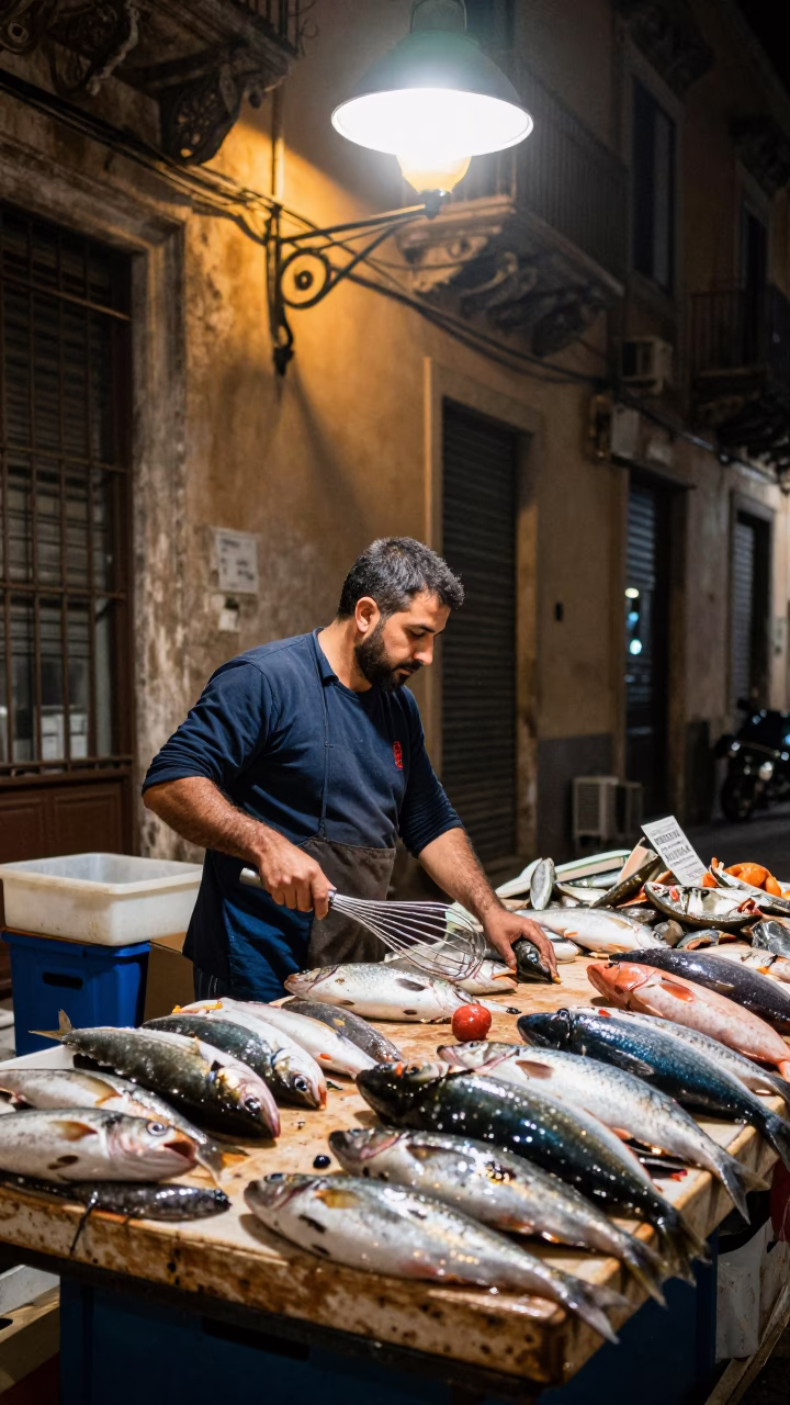 Fresh Seafood in Palermo at Late At Night Light in in Palermo, Italy