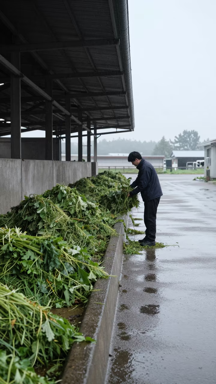 Fresh Silage in Kansai Dairy Barn Feed Alley in along a feedlot lane in Kansai