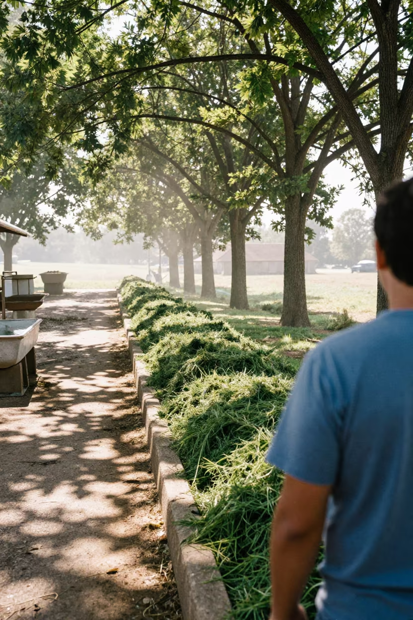 Fresh Silage in Missouri Dairy Barn Feed Alley in near a windbreak and water trough in Missouri