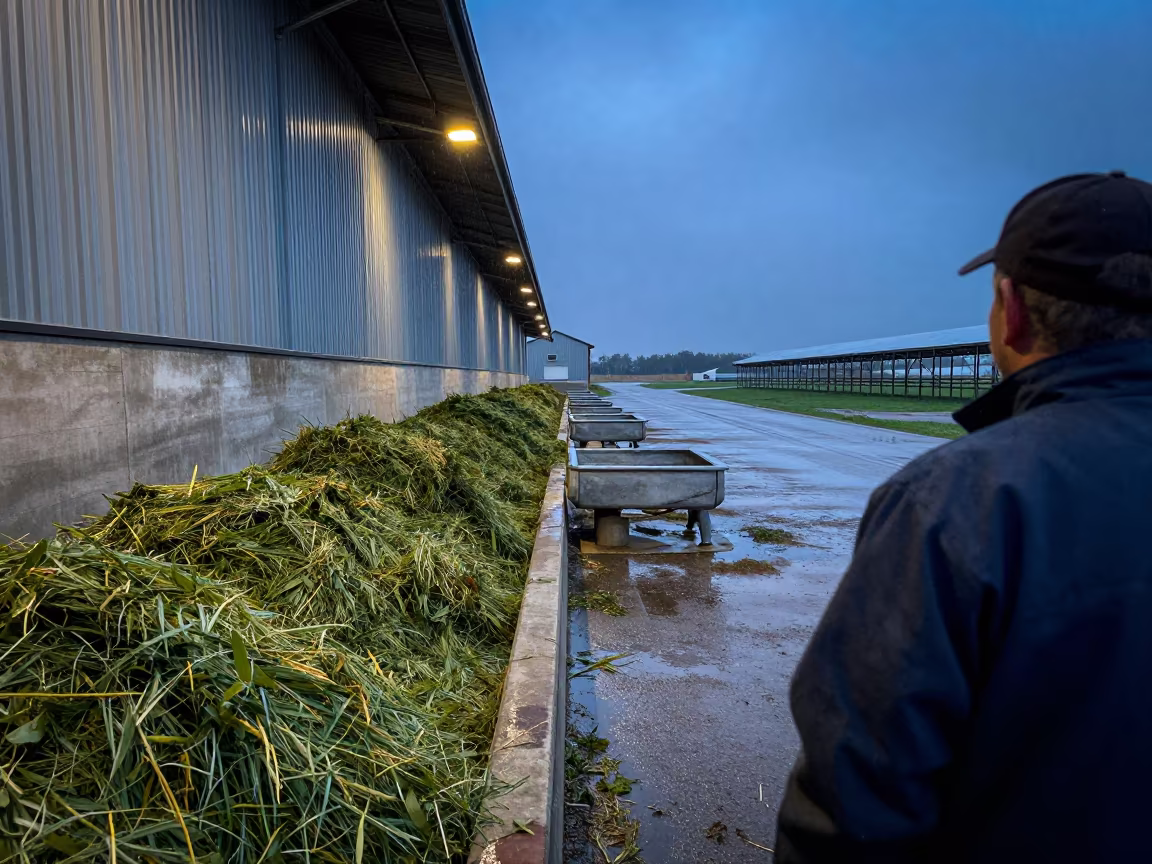 Fresh Silage in North Dakota Barn Alley at Twilight in near a windbreak and water trough in North Dakota