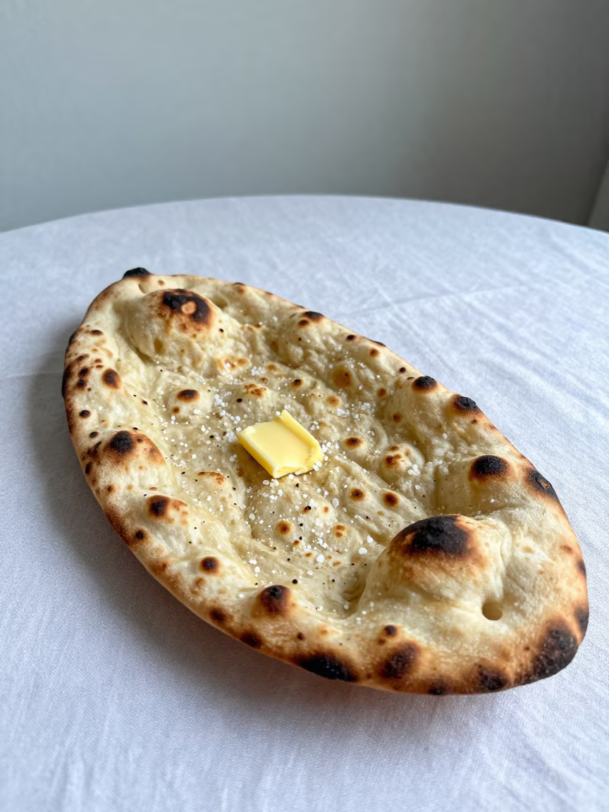 Fresh Tandoori Naan on Linen Table in Merida in on a linen-covered restaurant table in Merida Venezuela
