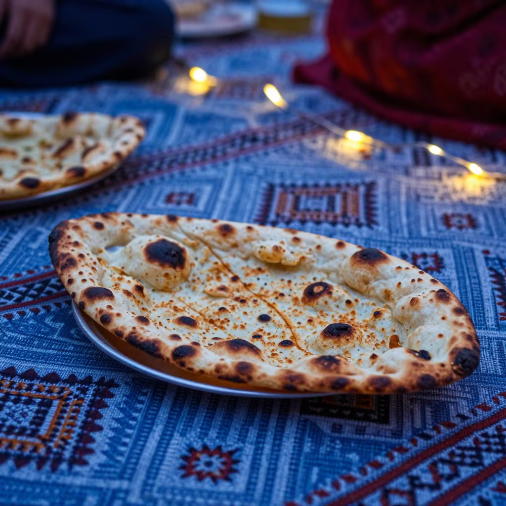 Fresh Tandoori Naan on Picnic Blanket in Daraa in on a picnic blanket in Daraa