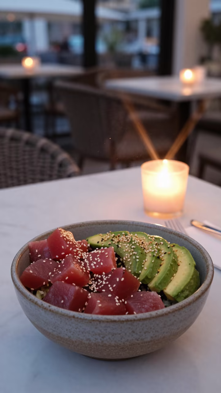 Fresh Tuna Poke Bowl in Antalya Cafe in on a marble cafe table in Antalya