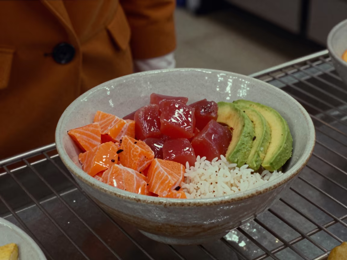 Fresh Tuna Poke Bowl on Bakery Rack in on a bakery cooling rack in Ajmer