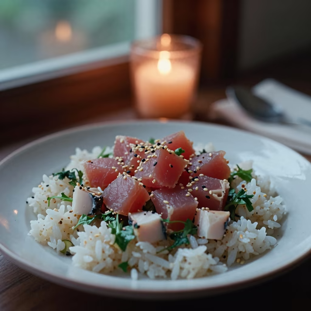 Fresh Tuna Poke Bowl in Copper Candlelight in on a ceramic plate by a window in Lahad Datu