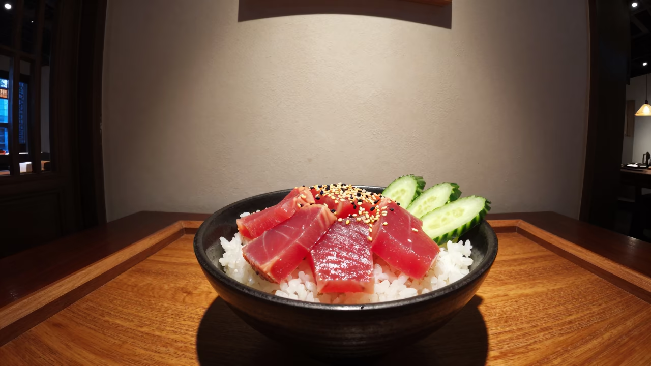 Fresh Tuna Poke Bowl on Tea Tray in Xintiandi in on a tea house tray in Xintiandi, Shanghai