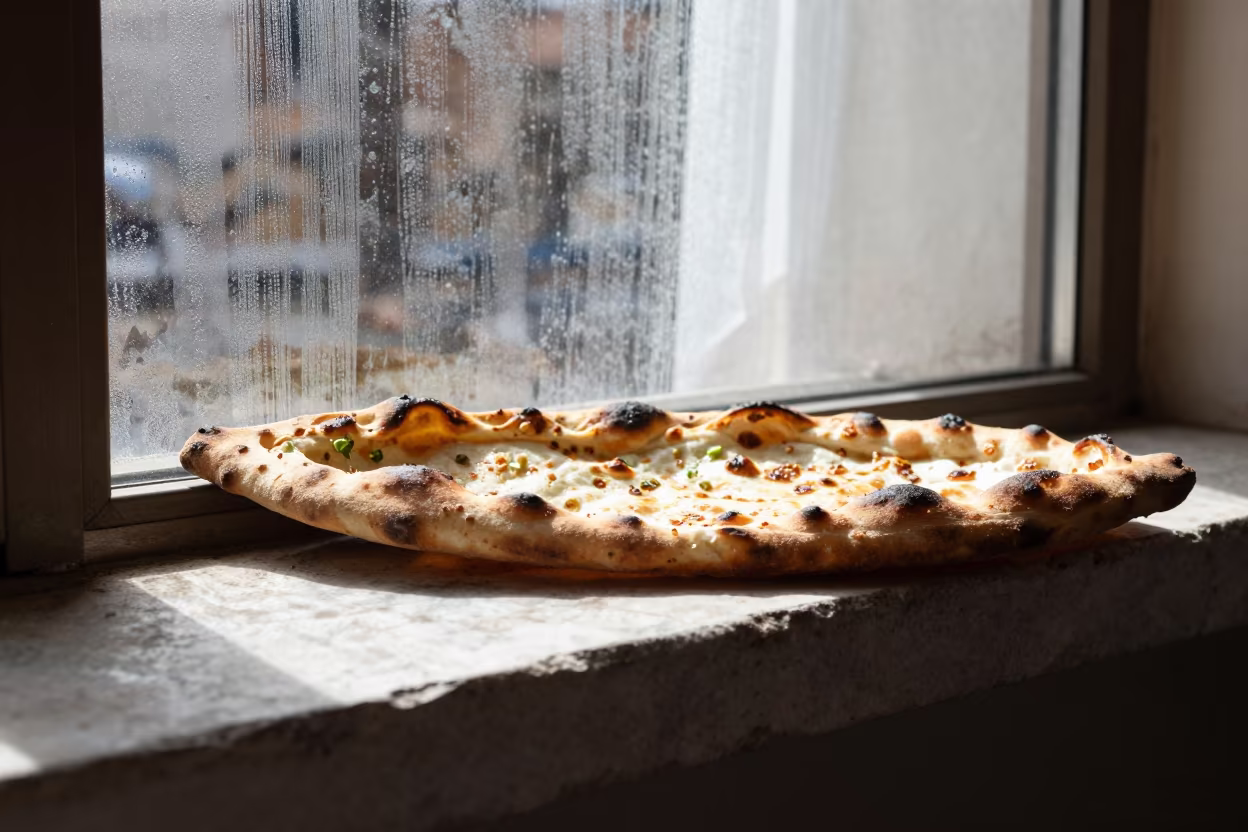 Fresh Turkish Pide on Stone Ledge Near Timisoara in on a stone ledge near Timisoara