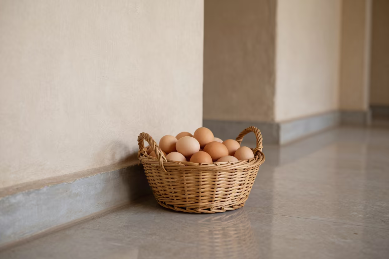 Fresh Wicker Basket Eggs Kandahar Ledge in on a painted display ledge in Kandahar