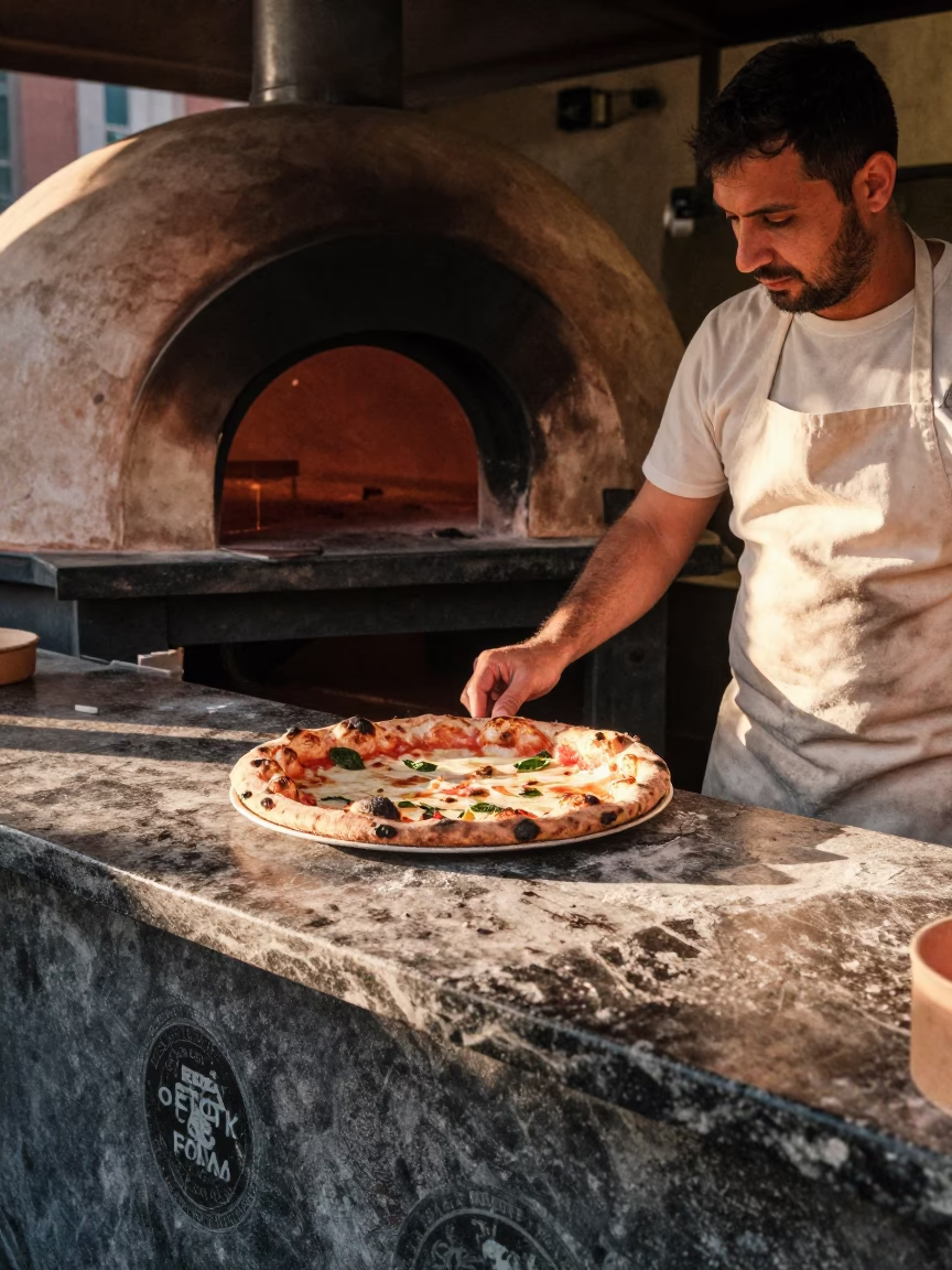 Fresh Wood-Fired Pizza Served in Naples Italy Just After Sunrise in in Naples, Italy