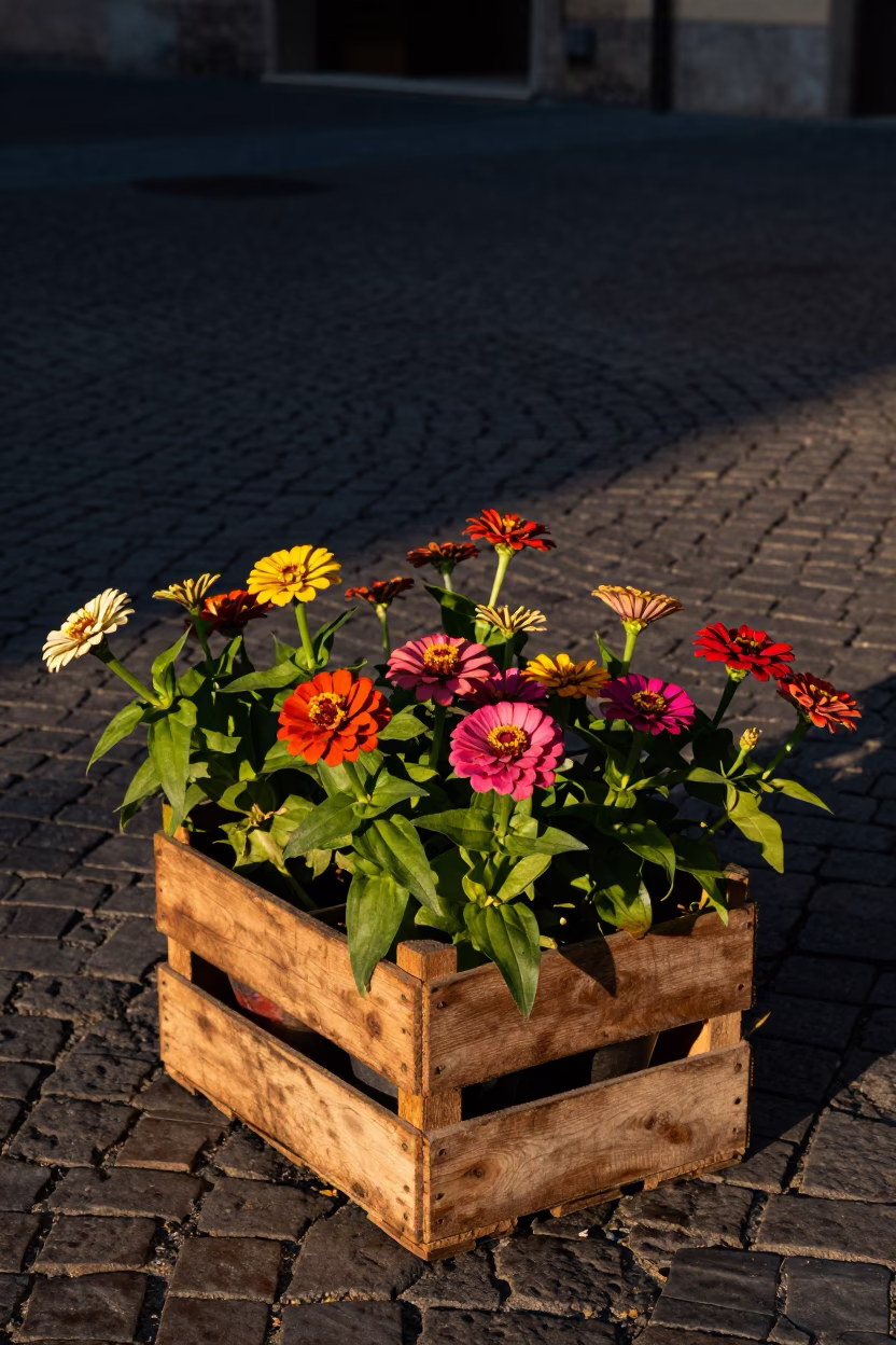Fresh Zinnias in Milan at The Early Evening Light in in Milan, Italy