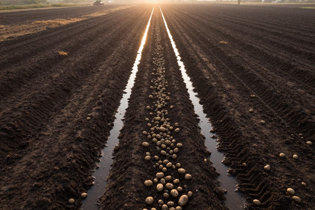 Freshly Dug Potatoes in Dawn Soil Near Pune in beside a tractor track through dark soil near Pune
