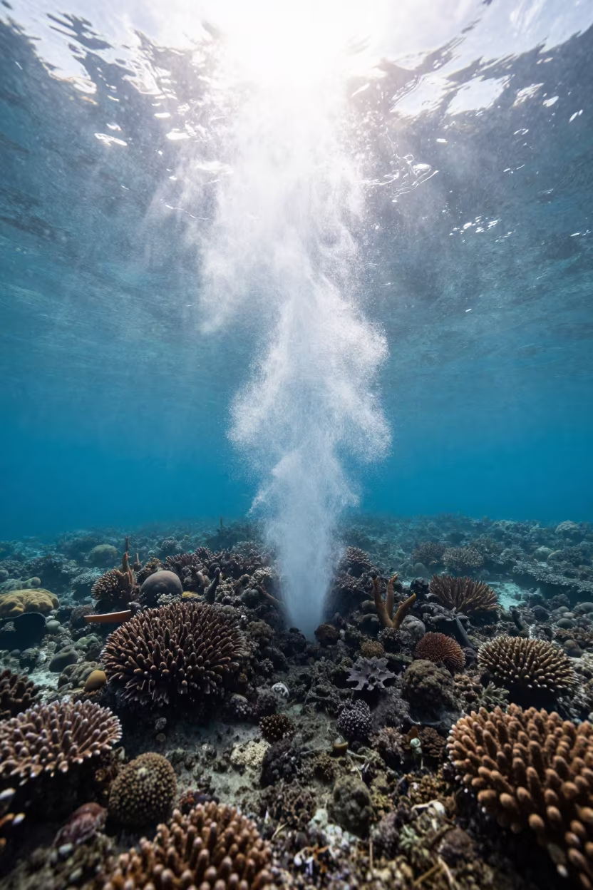 Freshwater Spring Erupting Coral Reef in Bali in beneath a reef ledge in tropical shallows near Denpasar