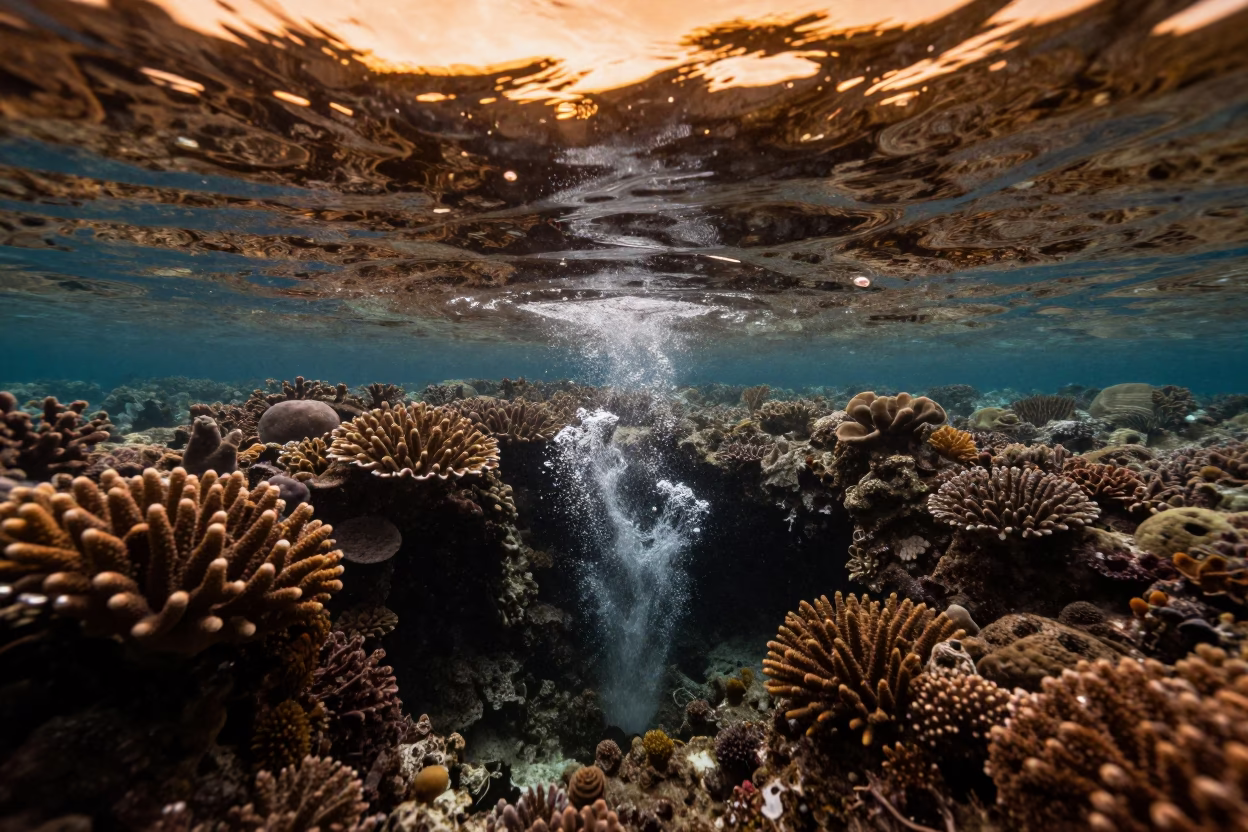 Freshwater Spring Erupting from Coral Reef in beside a reef crevice under clear water near Cairns