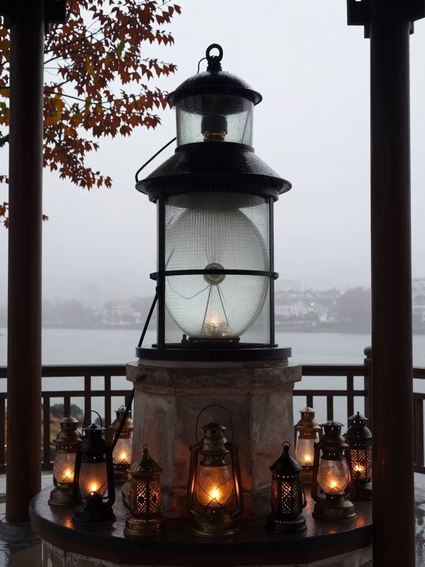 Fresnel Lens in Malatya Shrine at Dawn in in a shrine lined with lanterns in Malatya
