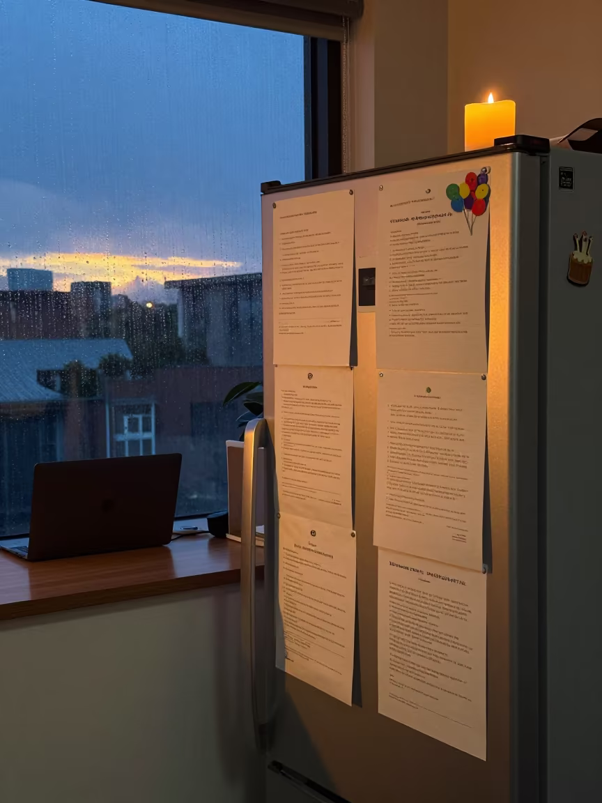 Fridge Notices Glow Under Indigo Twilight in at an office reception desk near Sarh