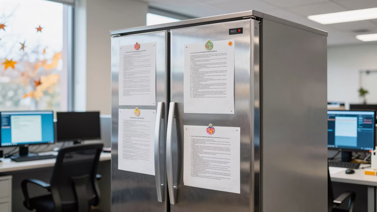 Fridge with Notices and Magnets in Tiaret Office in in an operations center under monitor glow in Tiaret