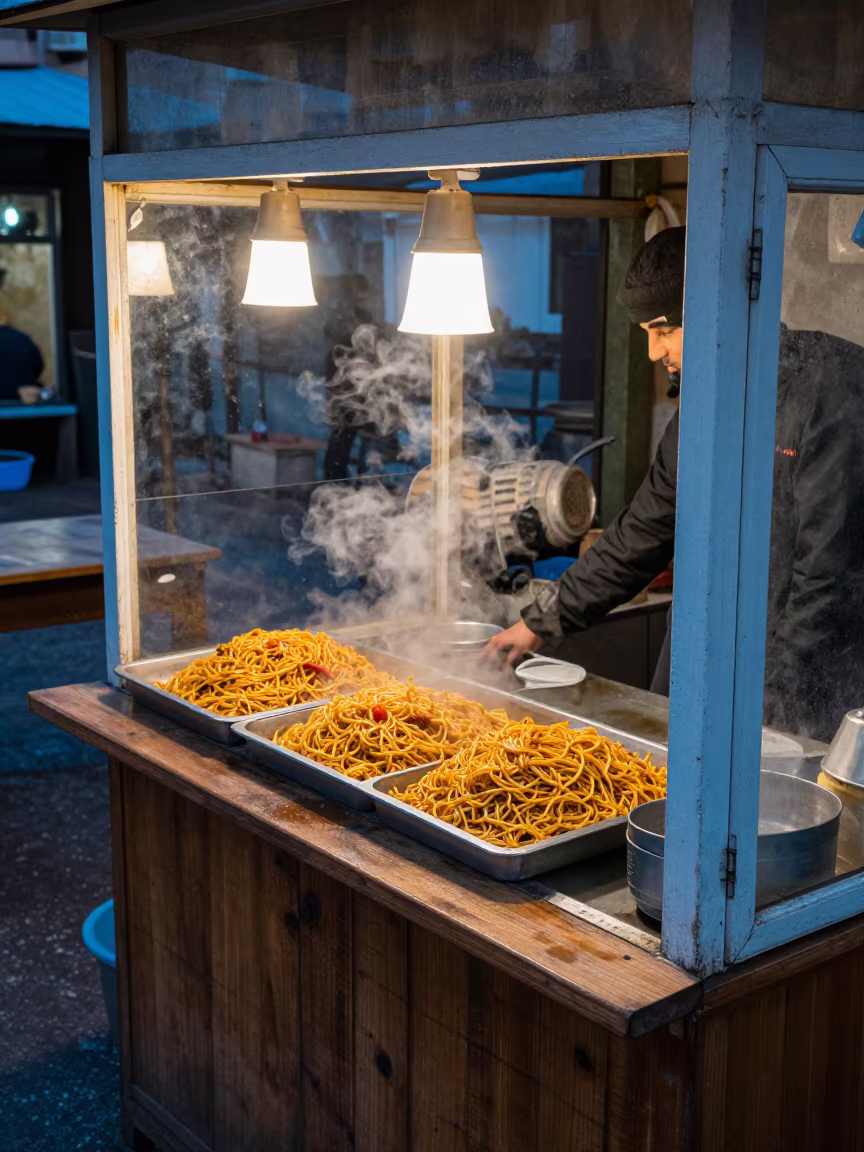 Fried Noodles at Baqubah Market Stall Window in at a market stall counter in Baqubah