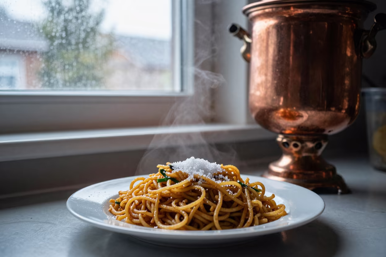 Fried Noodles and Copper Samovar at Dawn in on a kitchen worktop in Mississauga