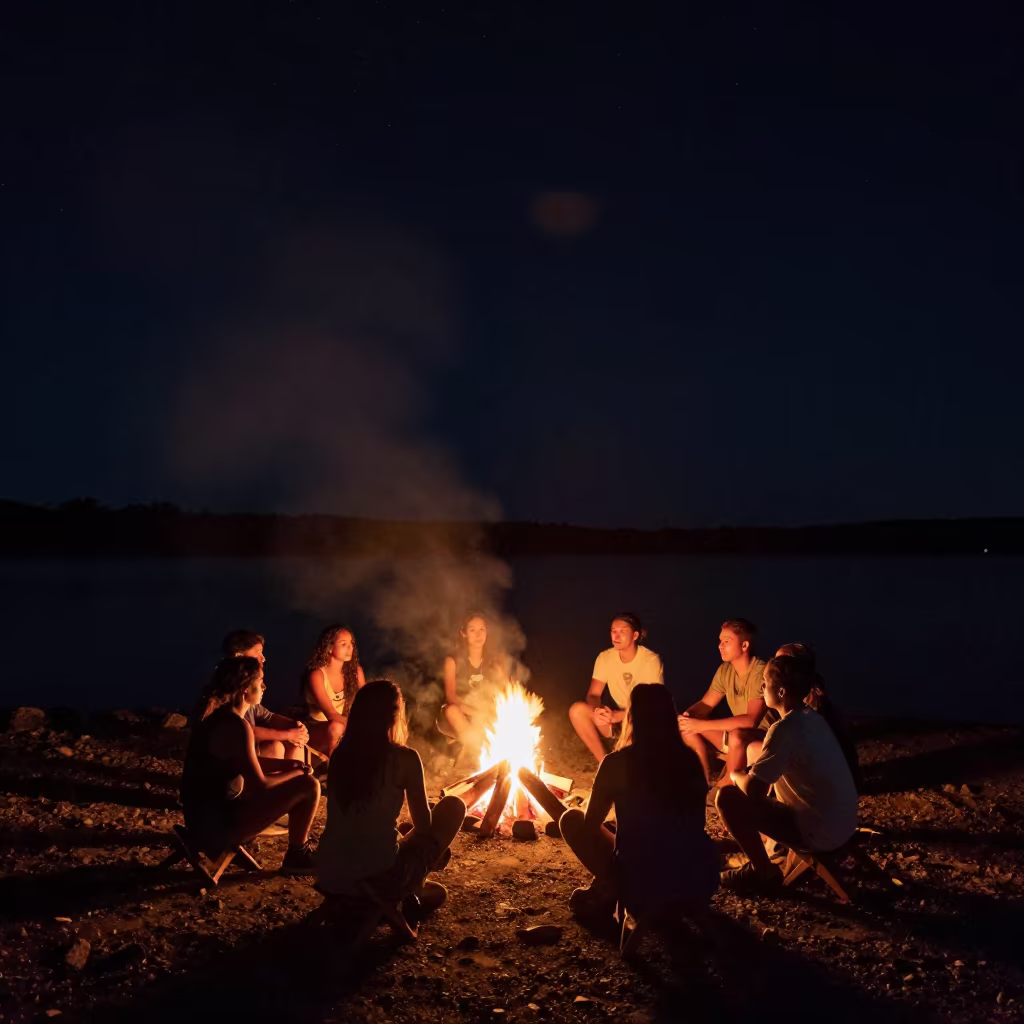 Friends Around Campfire Lake Shore Night DR in beneath a dark-sky overlook in Dominican Republic