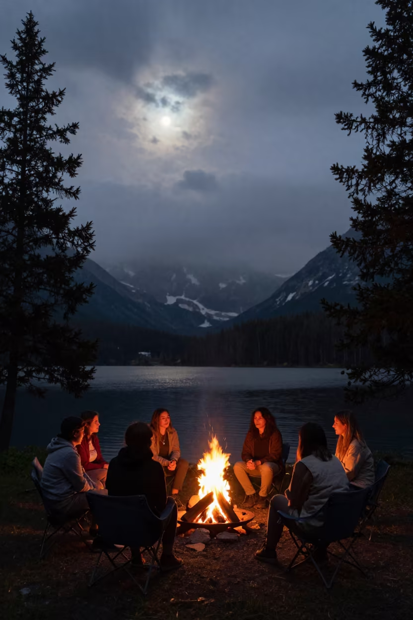 Friends Gathered Around Campfire on Alpine Lake Shore in from a quiet alpine saddle in Arunachal Pradesh