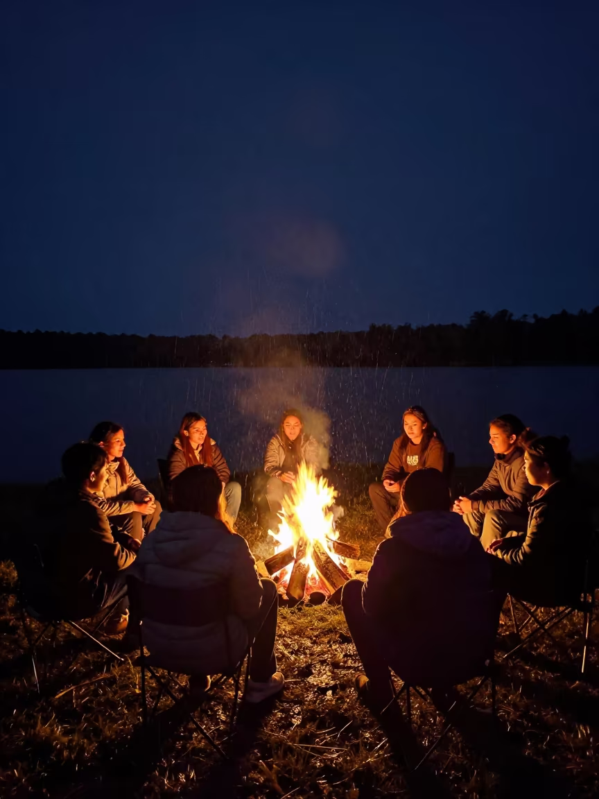 Friends Gather Around Campfire on Lake Shore in from a quiet alpine saddle near Paramaribo