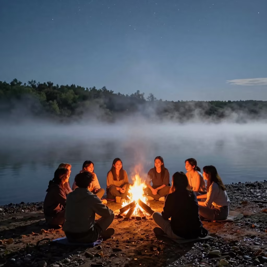 Friends Gathered Around Campfire on Misty Lake Shore in under the clearest stretch of sky near Rize