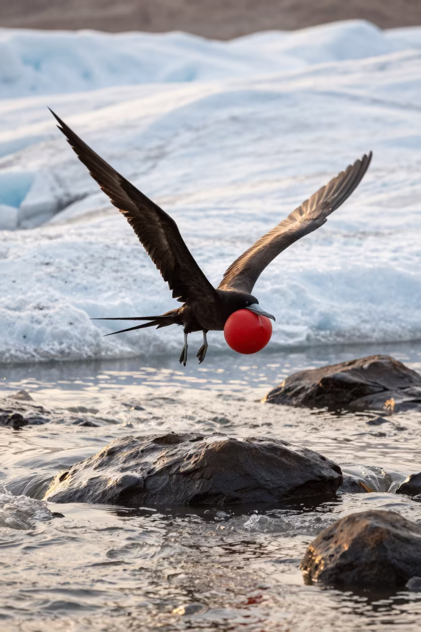 Frigatebird Inflated Pouch Over Glacial Stream in above a glacial stream near Agra
