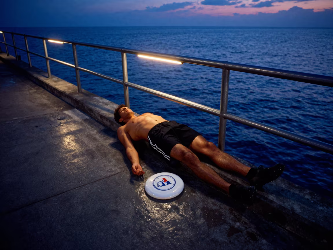 Frisbee Player Laying Out on Pier Railing in on a pier railing in Guayaquil