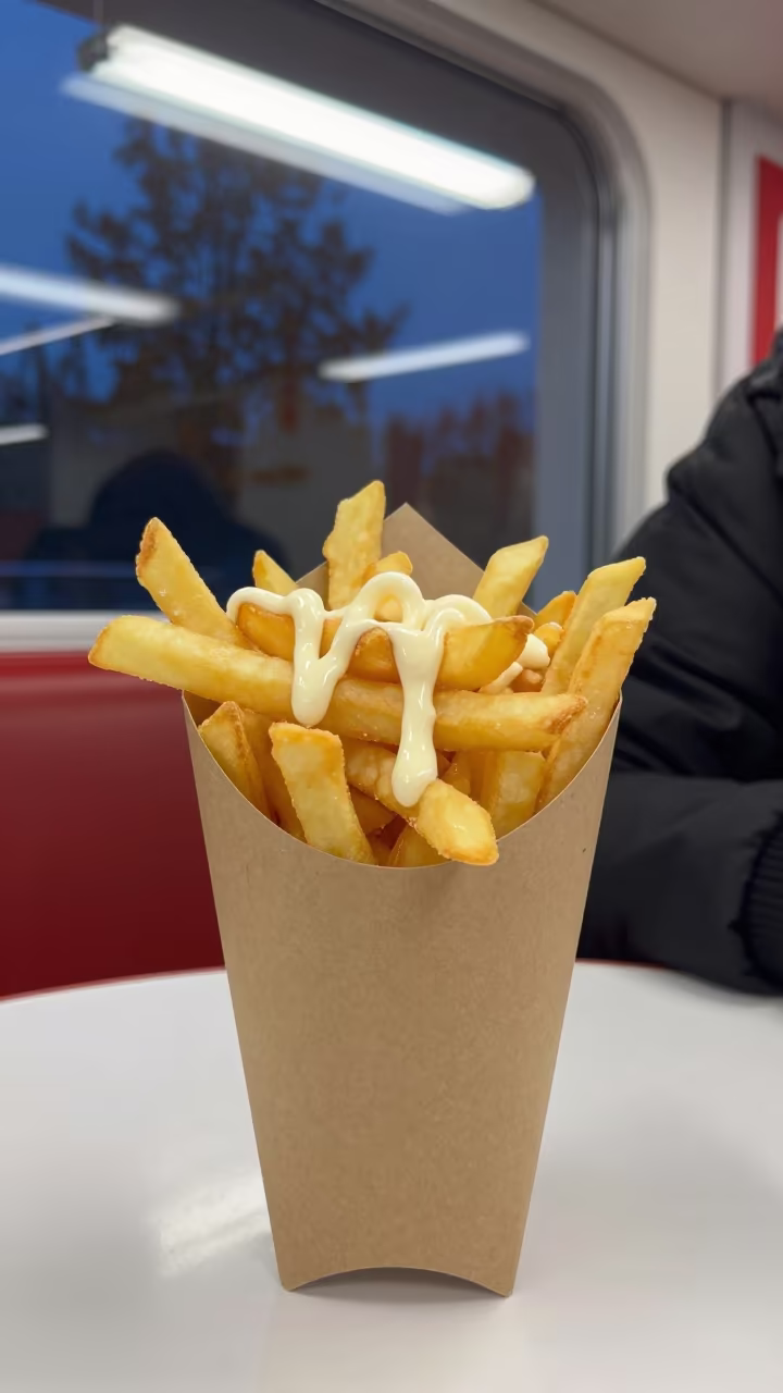 Frites Cone with Mayo in Balıkesir Diner in at a roadside diner table in Balıkesir