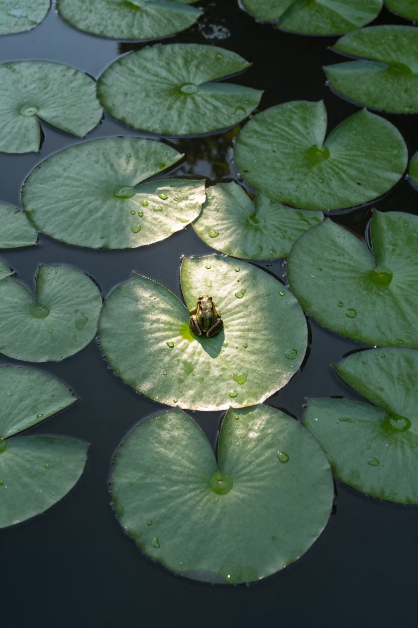Frog on Lily Pads in Sunrise After Storm in along a game trail near Bremen
