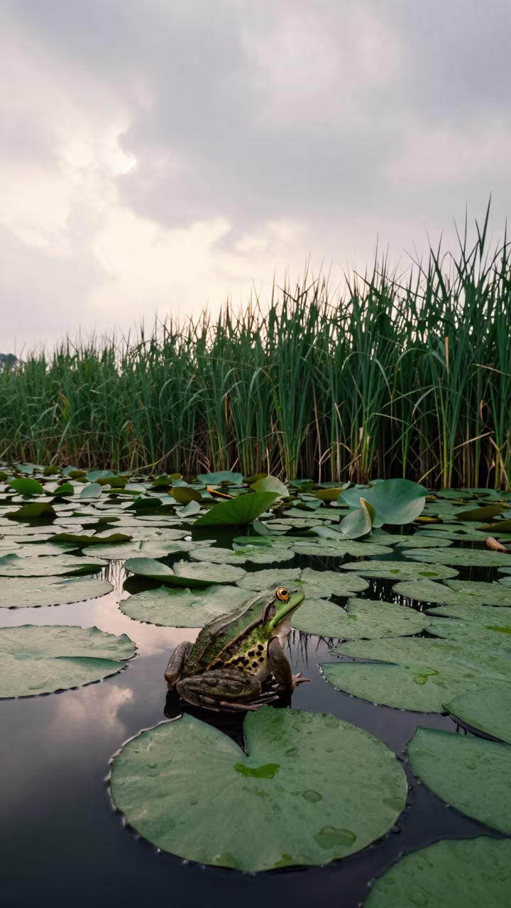 Frog on Lily Pads Near Chongqing Reed Bed in at the edge of a reed bed near Chongqing