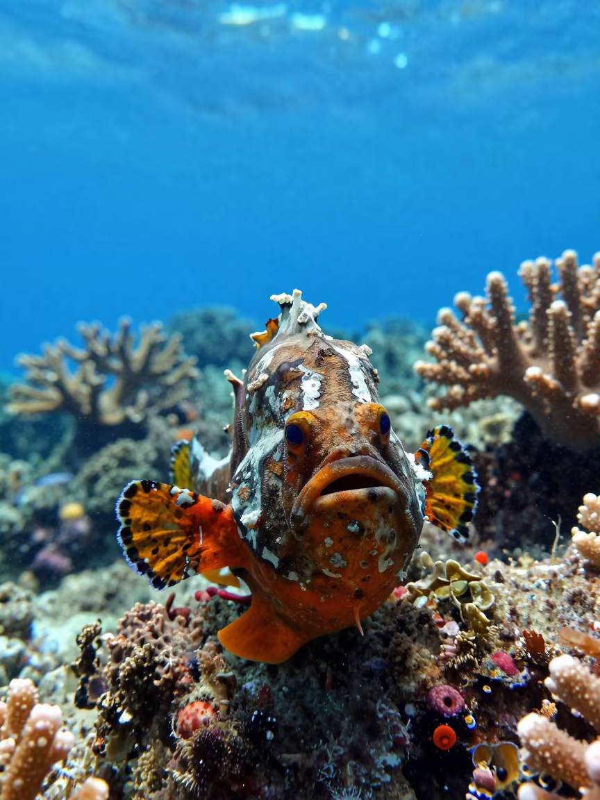 Frogfish Camouflaged on Sponge Behind in along a coral wall with blue water beyond near Denpasar