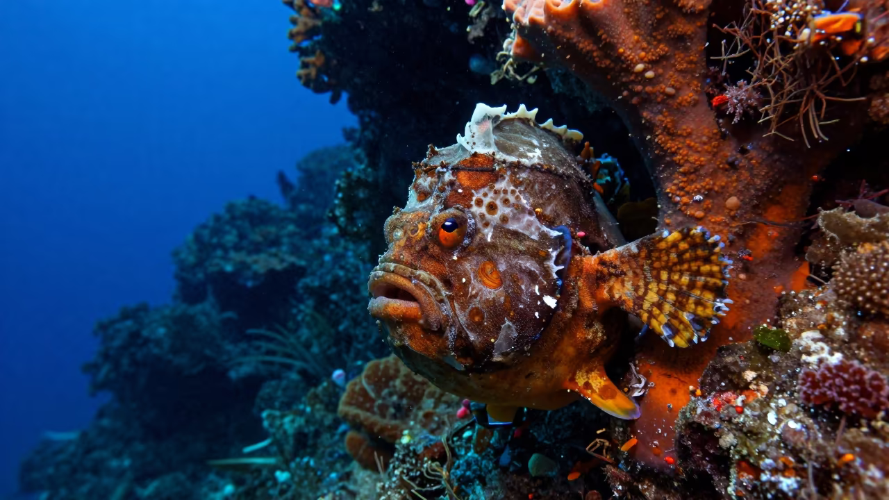 Frogfish Camouflaged on Sponge Belize Twilight in beside a volcanic reef overhang near Belize City