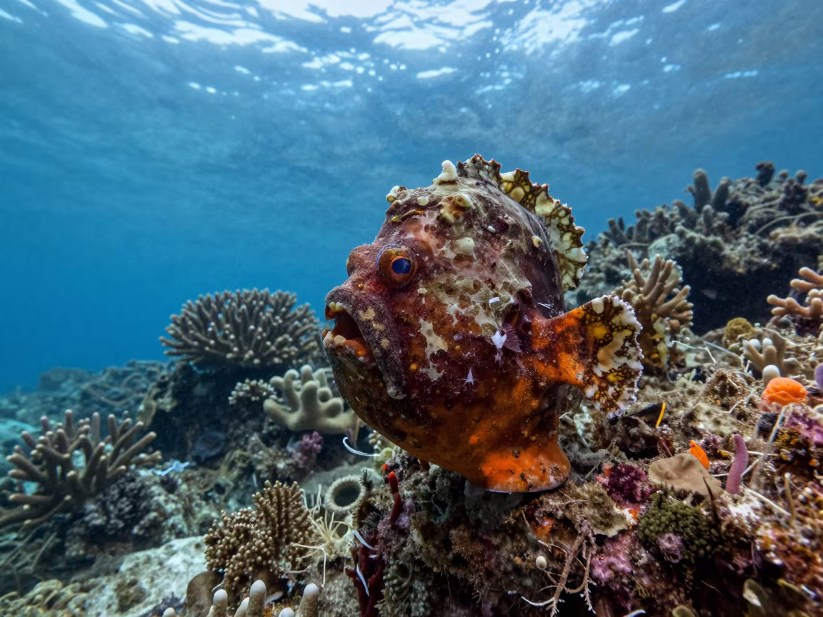 Frogfish Camouflaged on Sponge in Zanzibar Dawn in along a coral wall with blue water beyond near Zanzibar