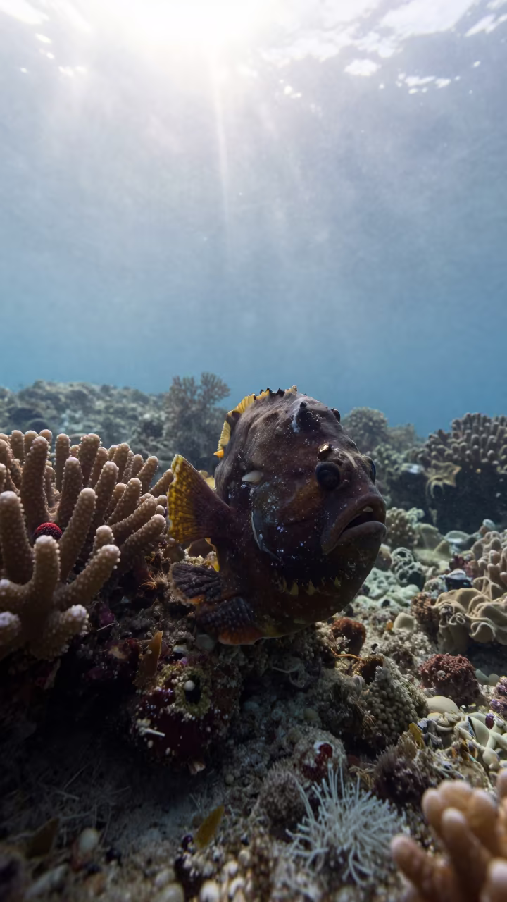 Frogfish Amidst Coral Reef Haze at Dawn in beneath a reef ledge in tropical shallows near Denpasar