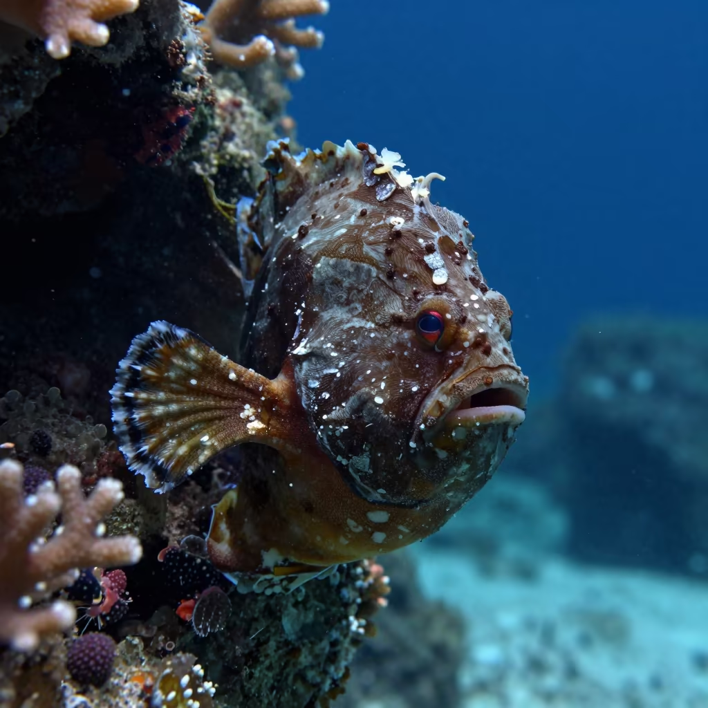 Frogfish Hovering Near Coral Wall in Dusk in along a coral wall with blue water beyond near Stone Town