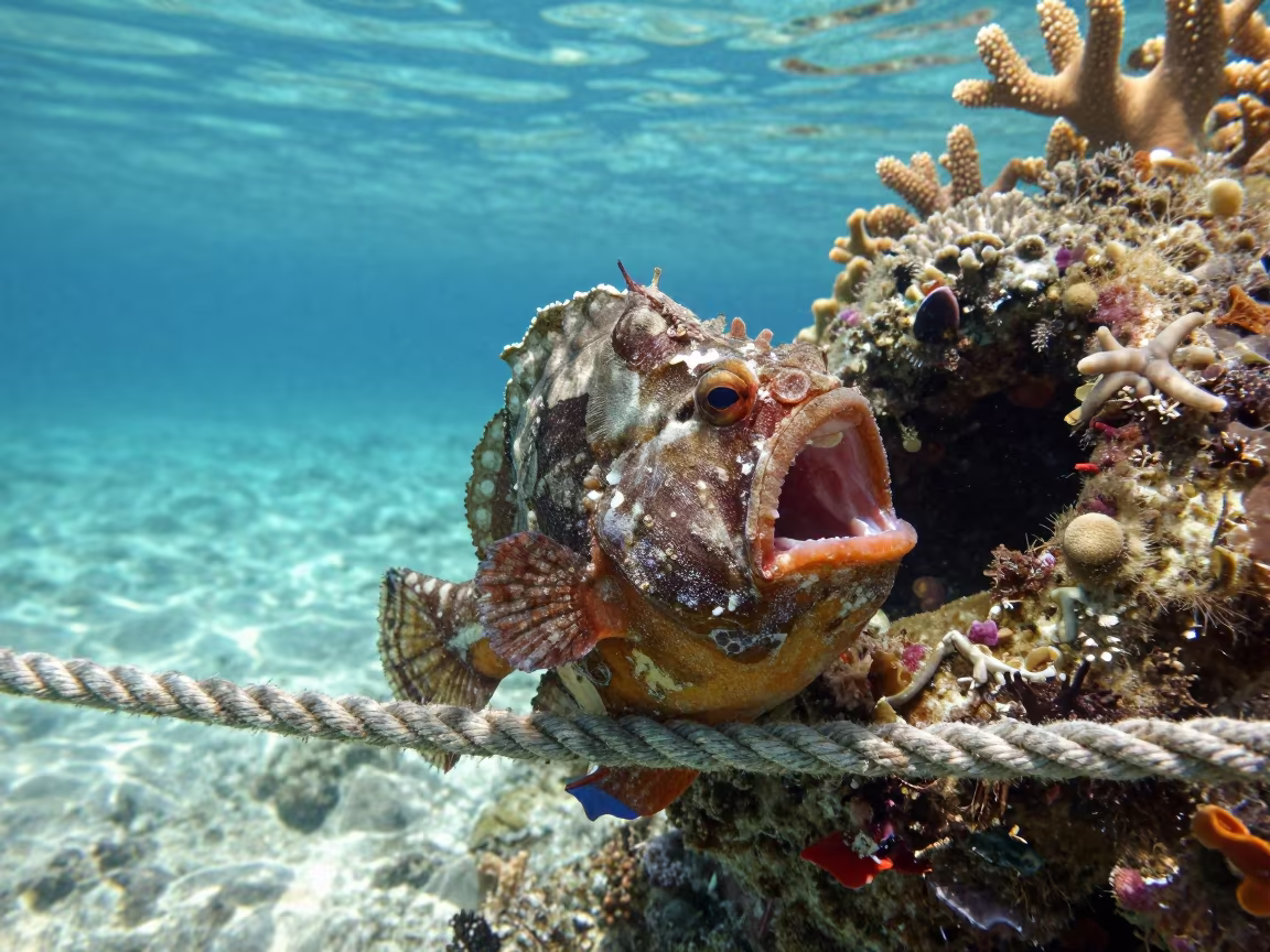 Frogfish Yawning on Coral Rope Near Cebu Reef in beside a reef crevice under clear water near Cebu