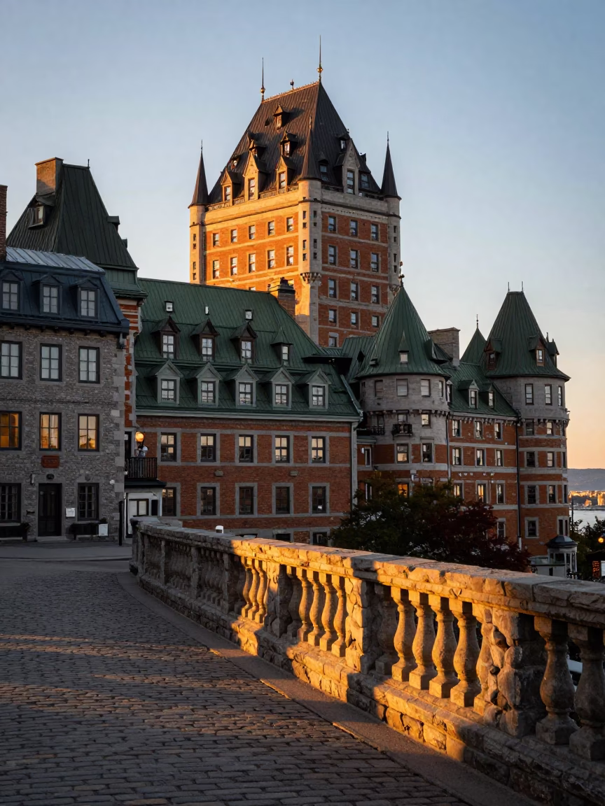 Frontenac Balcony in Quebec City at As The Sun Drops Toward The Horizon in in Quebec City, Quebec, Canada