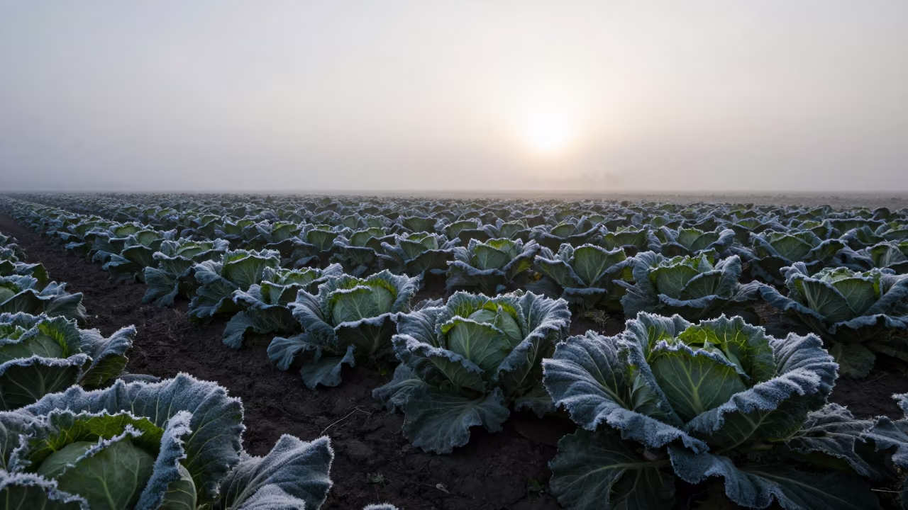 Frost on Cabbage Rows at Dawn in along freshly irrigated rows in North Dakota