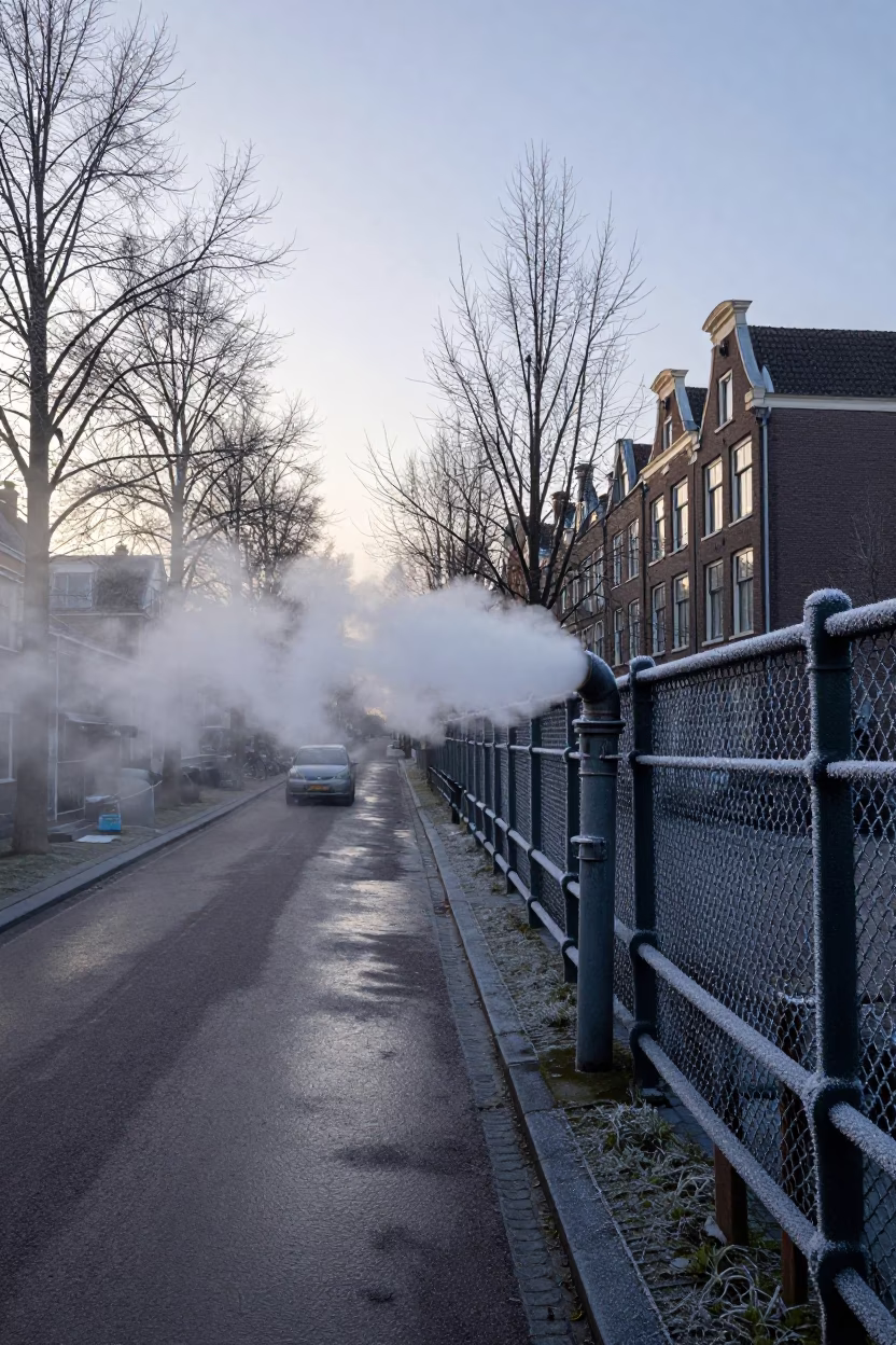 Frost-coated Fencing in Amsterdam at The Still Hours Before Dawn Light in in Amsterdam, Netherlands