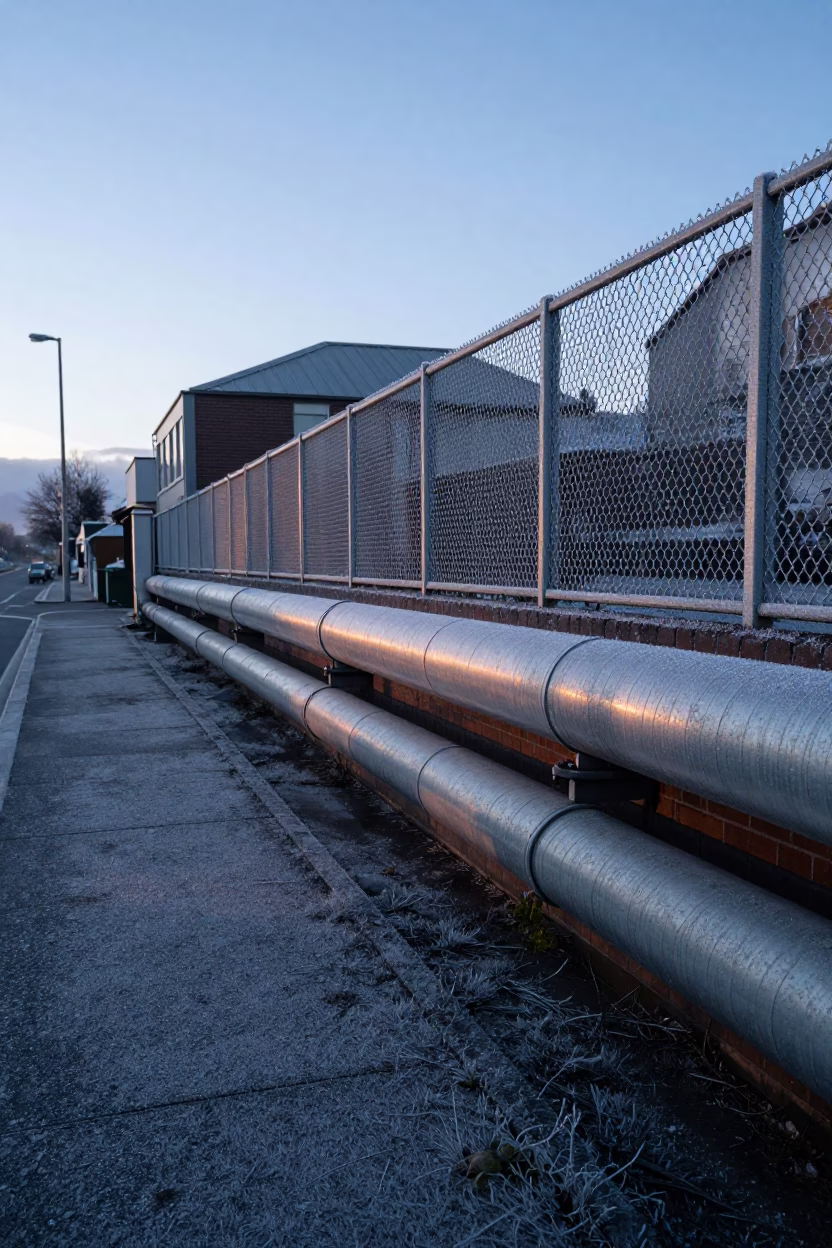 Frost-Coated Fencing in Christchurch at The Early Morning Light in in Christchurch, New Zealand
