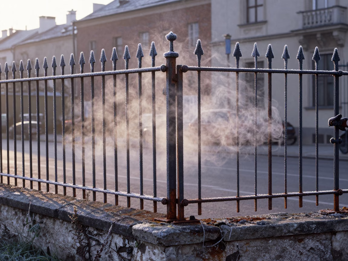 Frost-Coated Fencing in Krakow at First Light Of Dawn in in Krakow, Poland